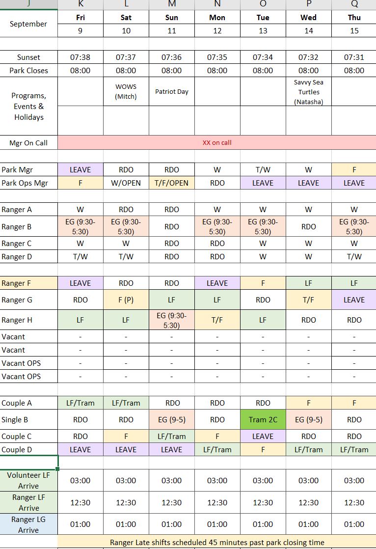 Lovers Kery state park resident work schedule example