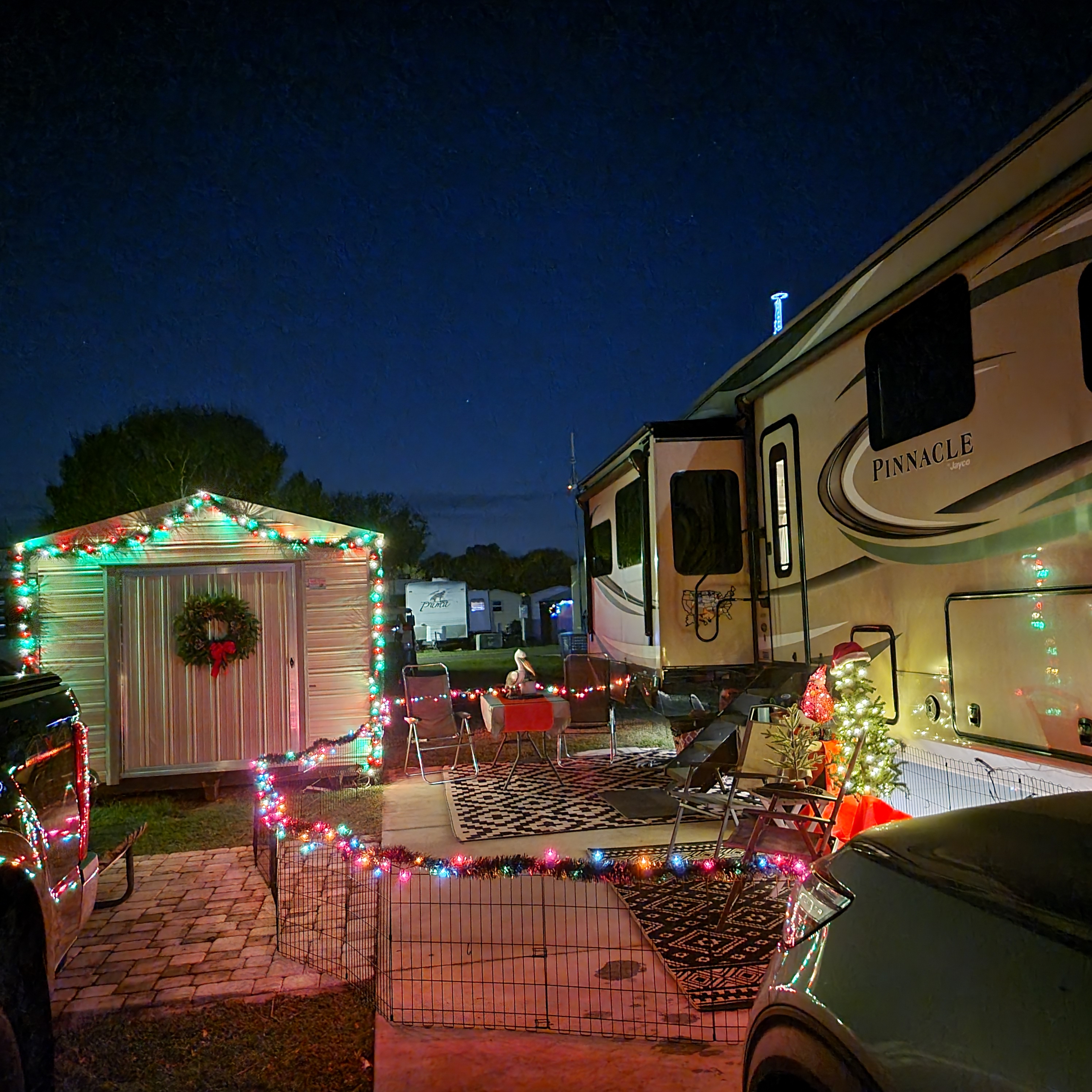 Homer the RV lit up for Christmas time in Florida