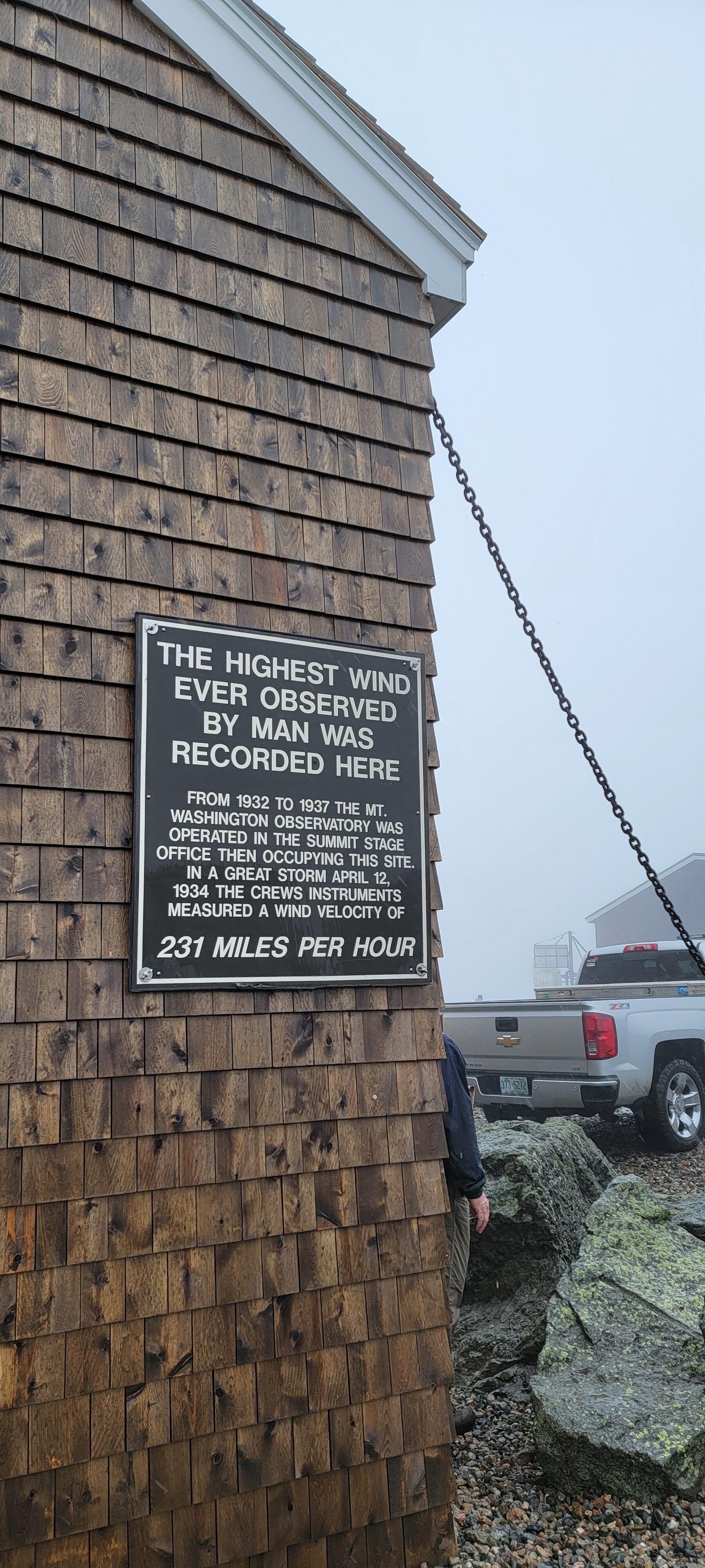 The buildings are chained due to the wind of Mt. Washington
