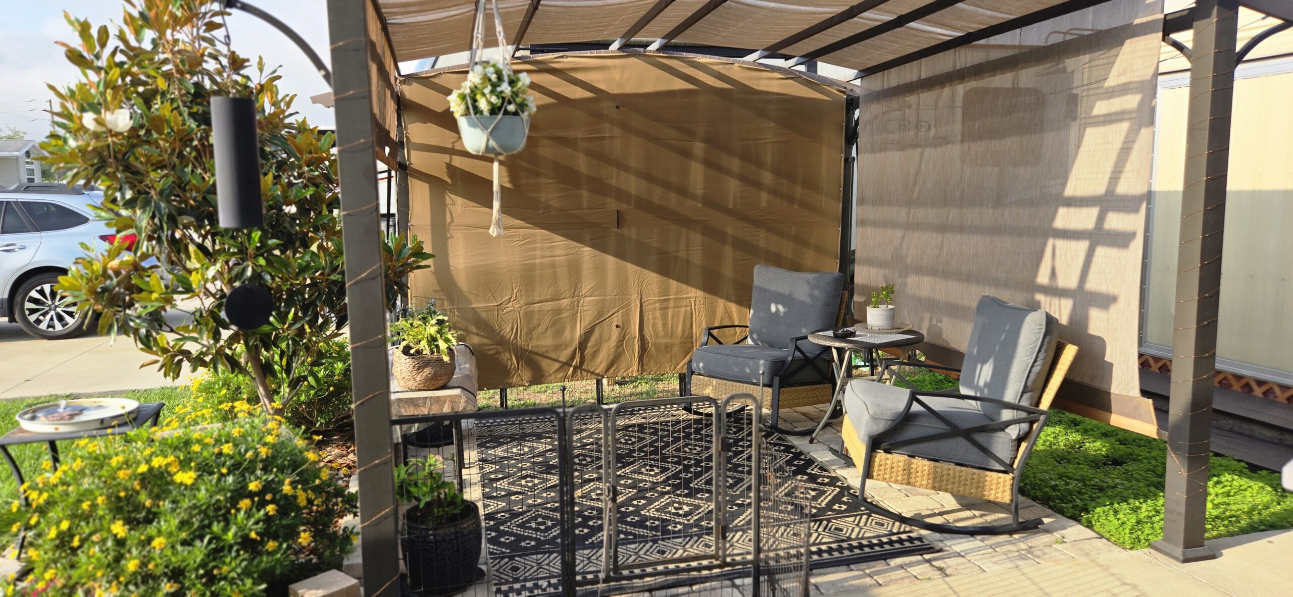Seasonal Lot setup in Florida with pergola and comfy chairs