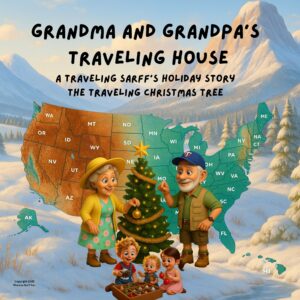 he Traveling Christmas Tree children’s book cover showing Grandma and Grandpa sharing Christmas traditions across the United States