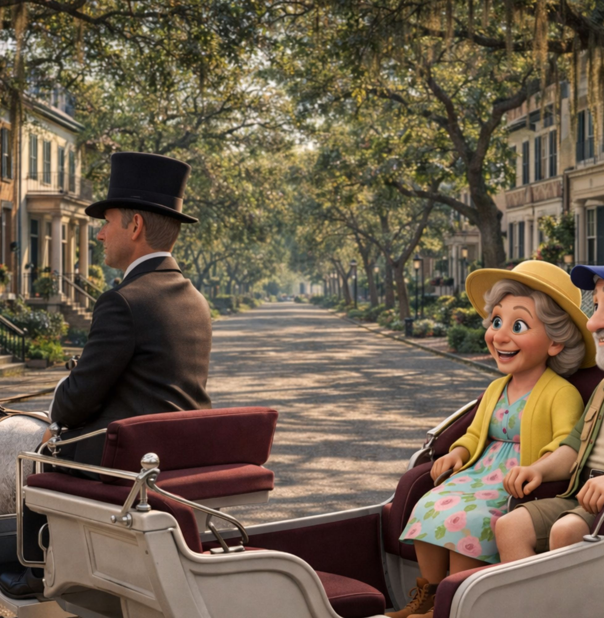 Grandma and Grandpa’s Traveling House in Georgia scene showing a horse-drawn carriage ride through historic Savannah with oak trees and Spanish moss