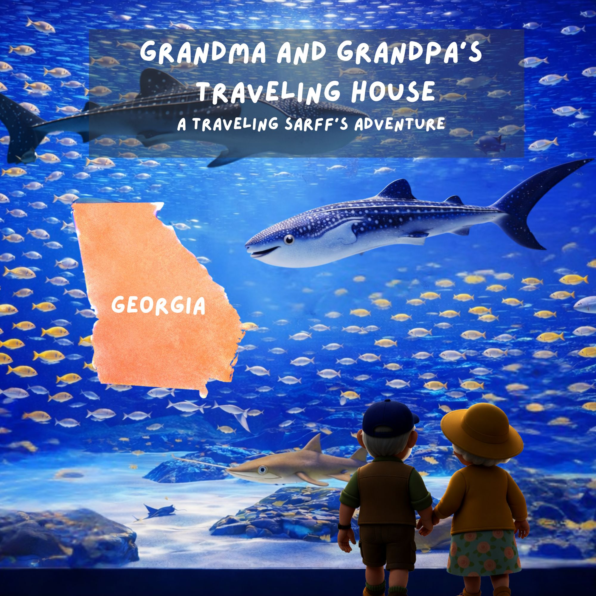 Grandma and Grandpa’s Traveling House in Georgia book cover showing grandparents at the Georgia Aquarium with a giant shark and stingray, teaching kids ages 4–8 about travel, wildlife, peanuts, and one of the original 13 colonies